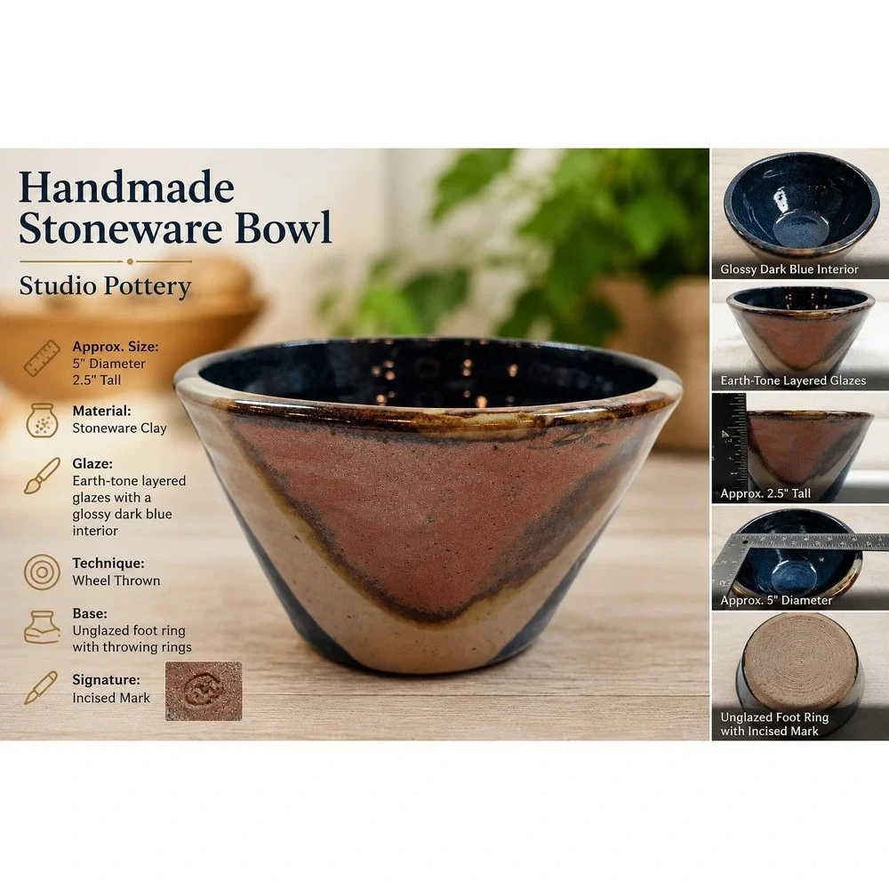 Studio Pottery Hand Thrown Ceramic Bowl Blue Brown Glaze Signed Artist Piece 5
